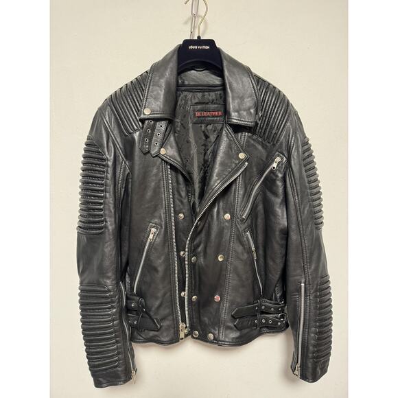 IK Leather Jacket Mens Large Black Biker Moto Asymmetrical Zip Quilted Ribbed - Picture 6 of 16